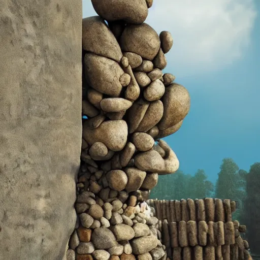 Prompt: sculpture made of piled stones, wood, nails, sunlit, photorealistic, 3 d rendering, higly detailed, minimalist, made with unreal engine, cgsociety, by yves tanguy, by nate boyce, by david smith