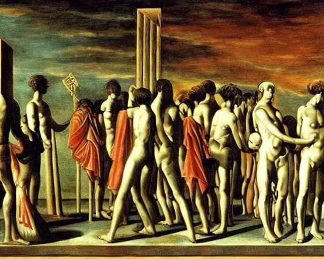 Image similar to a pagan ritual to summon the partying god by de chirico, giorgio