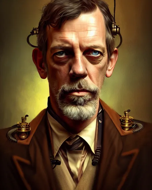 Image similar to steampunk portrait of hugh laurie, au naturel, hyper detailed, digital art, trending in artstation, cinematic lighting, studio quality, smooth render, unreal engine 5 rendered, octane rendered, art style by klimt and nixeu and ian sprigger and wlop and krenz cushart.