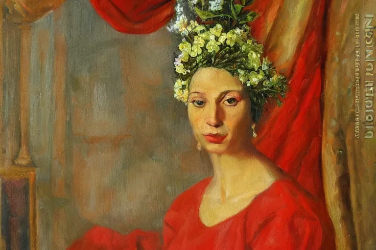 Prompt: oil painting, long view, hight detailed, portrait of woman with flowers in her head in front of red curtain, in style of neodada