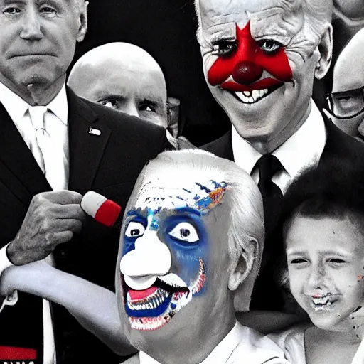 Prompt: Joe Biden with clown make-up all over his face inside a circus, full body