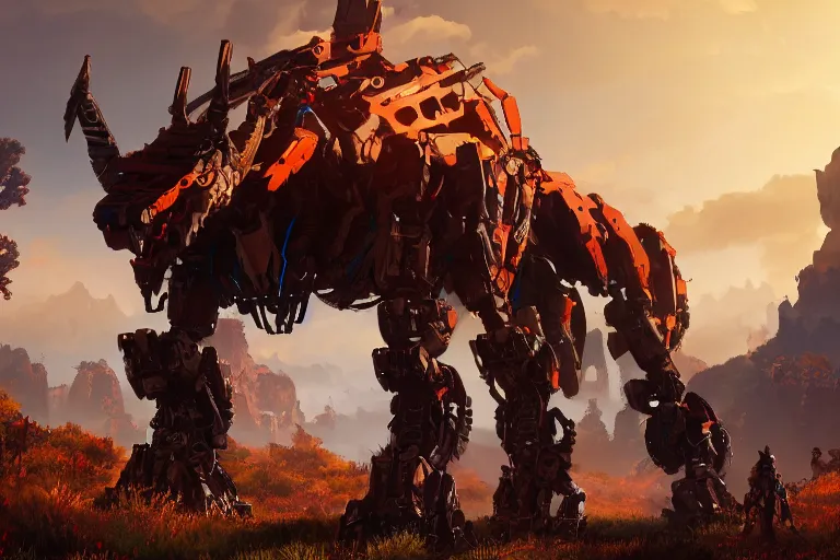 Image similar to ravager machine mecha animal beast robot of horizon forbidden west horizon zero dawn bioluminiscence global illumination ray tracing hdr fanart arstation by sung choi and eric pfeiffer and gabriel garza and casper konefal