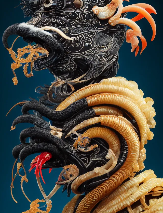 Image similar to prometheus engineer close - up profile portrait with ram skull. beautiful intricately detailed japanese crow kitsune mask and clasical japanese kimono. betta fish, jellyfish phoenix, bio luminescent, plasma, ice, water, wind, creature, artwork by tooth wu and wlop and beeple and greg rutkowski