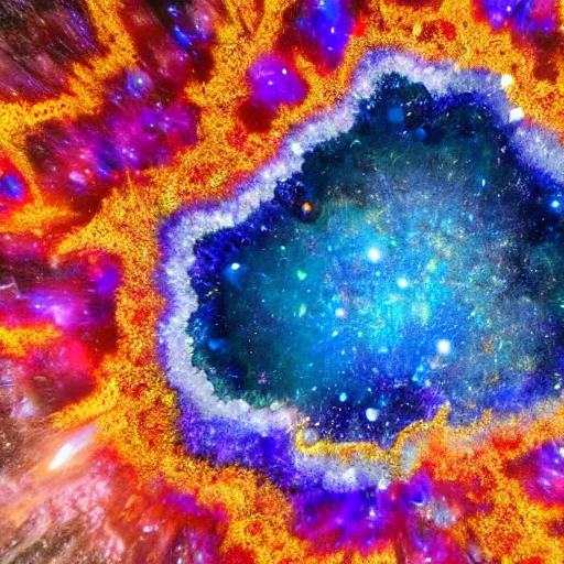 Image similar to huge geode, crystals, cracked and exploding with the universe, a huge dance of the cosmos, planets, high detailed starry background