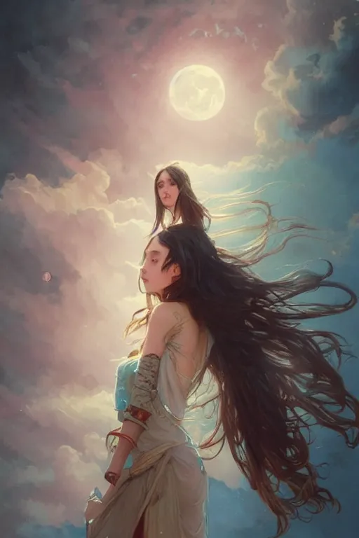 Image similar to fantasy, long hair, girl, portrait, cloud sky and moon night background, high detail, cinematic lighting, concept art, digital art, illustration, smooth, sharp focus, greg rutkowski, alphonse mucha, loish, wlop, trending on artstation, trending on deviantart