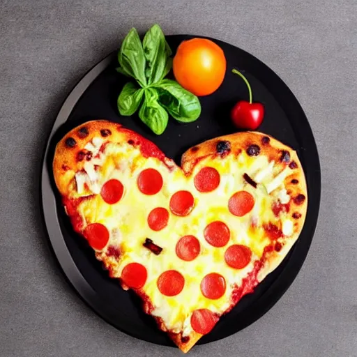 Prompt: heart shaped magerhita pizza with alot of cheese, 4 - 5 cherry tomata served on a wooden plate, ( ( ( no pepperoni ) ) )