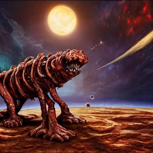 Prompt: eldritch horror bloody garfield in space, hd, 8 k, giant, epic, realistic photo, unreal engine, stars, prophecy, powerful, cinematic lighting, destroyed planet, debris, violent, sinister, ray tracing, dynamic, epic composition, dark, horrific, teeth, grotesque, monochrome drawing