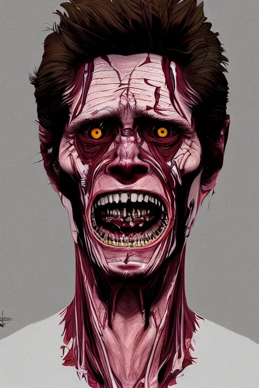 Image similar to willem dafoe, full body, big two toned eyes, teeth gritted, horror, intricate details, cinematic, epic, realistic, anatomy, tomer hanuka, uplight, artstation, photorealistic, scary