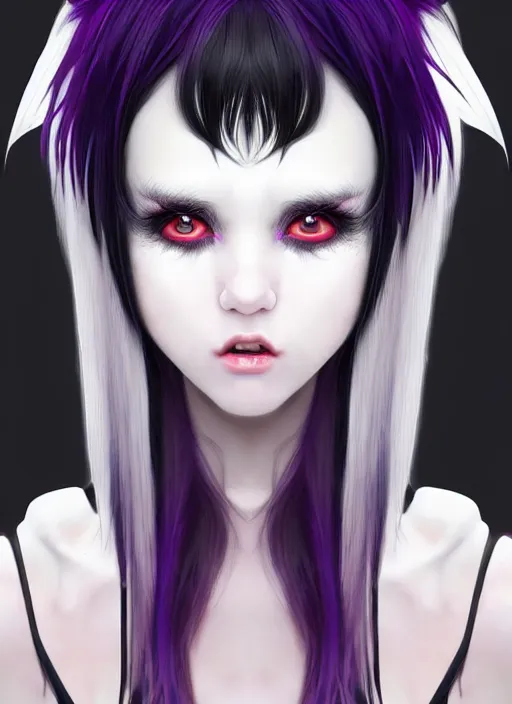 Image similar to hair blackbangs hair, white cyberlox, portrait of normal teenage girl, normal face, black bangs, messy bangs, fluffy bangs, cyberlox, whitebangs, red contact lenses, purple background, intricate, elegant, highly detailed, digital painting, artstation, concept art, sharp focus, smooth, illustration, art by wlop, mars ravelo and greg rutkowski