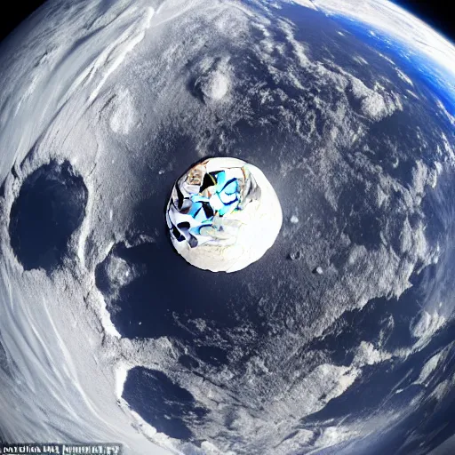 Image similar to a fisheye photo of the moon crashing into the earth, shot from a satellite high in orbit