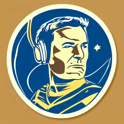 Image similar to a Star-Trek-Captain-Kirk, svg sticker, vector art, wearing headphones, jamming to music