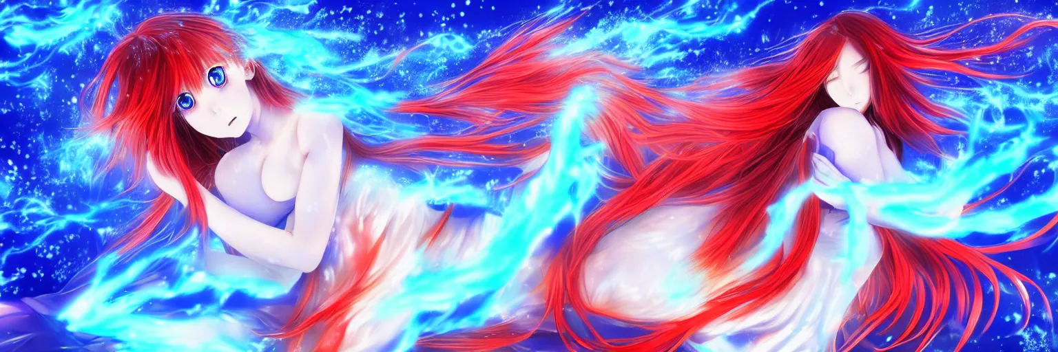 Image similar to advanced digital anime art, a very cute gorgeous teenage girl with a body made of fire and ice , full body, very long snow colored hair, sky blue highlights in hair, red fiery watery eyes, wearing a dress made of water, full round face, dramatic cinematic lighting, wideshot, highly intricately detailed, glitched background, broken screen, trending on pixiv, Artstation, painted by Rossdraws and the style of Sakimimichan