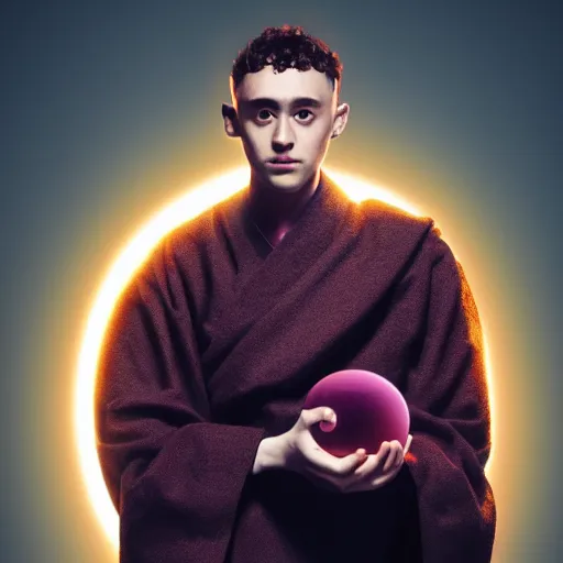 Prompt: Olly Alexander wearing monk robes holding a glowing orb. Trending on Artstation, octane render, ultra detailed, art by Ross tran