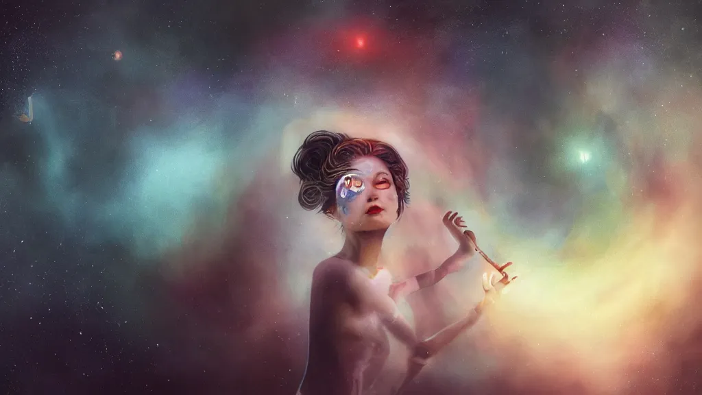 Image similar to whimsical, a beautiful playful woman, wearing professional makeup, standing in a lake, blowing trippy smoke, under the stars, with a binary black hole with a ring in the sky, by Lois van Baarle, by Greg Rutkowski, by Ilya Kuvsninov, cinematic angle, face enhance, volumetric lighting, cinematic lighting, digital art, 4k resolution, octane render, trending on artstation, masterpiece