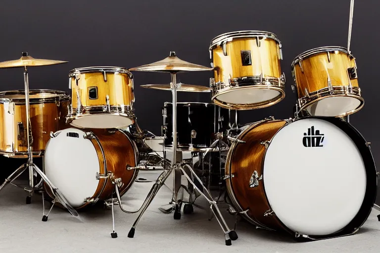 Prompt: photo of a jazz drum kit, vintage cymbals, 8k