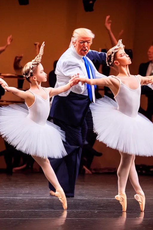 Image similar to professional photograph of donald trump dancing in a ballet, bokeh focus, beautiful ballerina trump