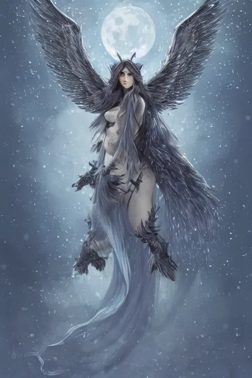 Prompt: blue wolf with wings, standing facing front, regal, elegant, winter, snow, moonlit, hd, illustration, epic, d & d, fantasy, intricate, elegant, highly detailed, digital painting, artstation, concept art, smooth, sharp focus, illustration, wallpaper, art by artgerm and greg rutkowski and alphonse mucha and jin xiaodi