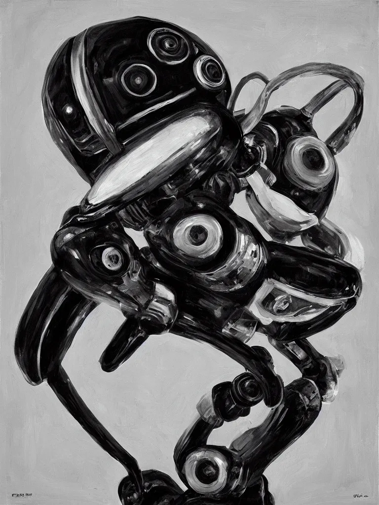 Image similar to “A perfectly centered beautiful black and white portrait oil painting of a retro-futuristic robot in Los Angeles”