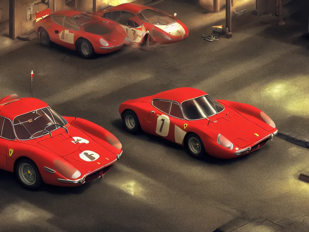 Image similar to a wholesome animation key shot of a focused old ferrari car in a car park, close shot, studio Ghibli, Pixar and Disney animation, sharp, very detailed, high resolution, Rendered in Unreal Engine 5, anime key art by Greg Rutkowski, Bloom, dramatic lighting