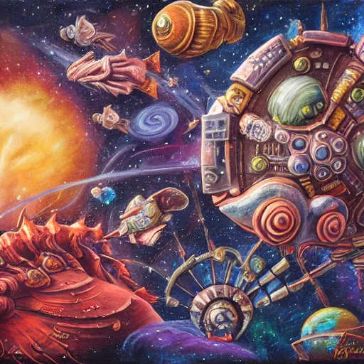 Prompt: painting of ornate space ship, nebulae background, nautilus, shell, space jammers, d & d, dust, sun, 4 0 k warhammer, shrimp, prawn