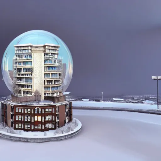 Image similar to a snow globe with a soviet apartment building in it, a computer rendering by leandro erlich, diorama, trending on cgsociety, retrofuturism, tesseract, isometric, physically based rendering