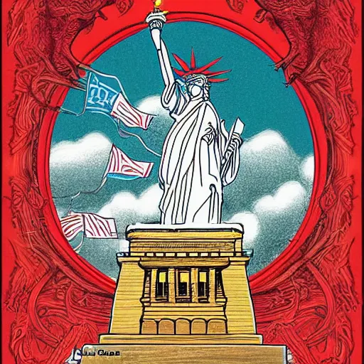 Image similar to Lady Liberty as the babylon Revelation 17 riding on the red dragon of china. illustration concept art