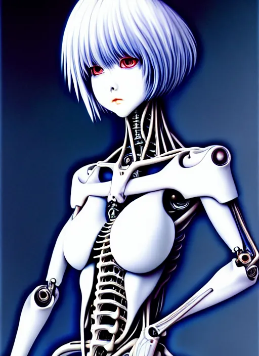 Image similar to Rei Ayanami by Yoshitaka Amano, by HR Giger, biomechanical, profile portrait, 4k, wide ayes, hyper detailed, hyperrealism, anime, deviantart artstation