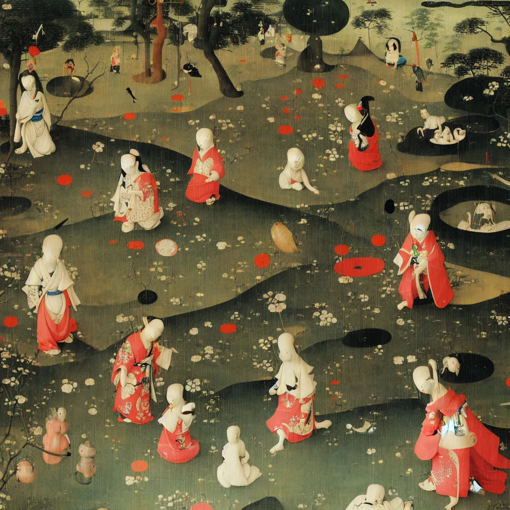 Image similar to Children playing in the Japanese Garden by Hieronymus Bosch and James Jean, Ross Tran, Damien Hirst, hypermaximalist, 8k, surreal oil painting, highly detailed, dream like, masterpiece