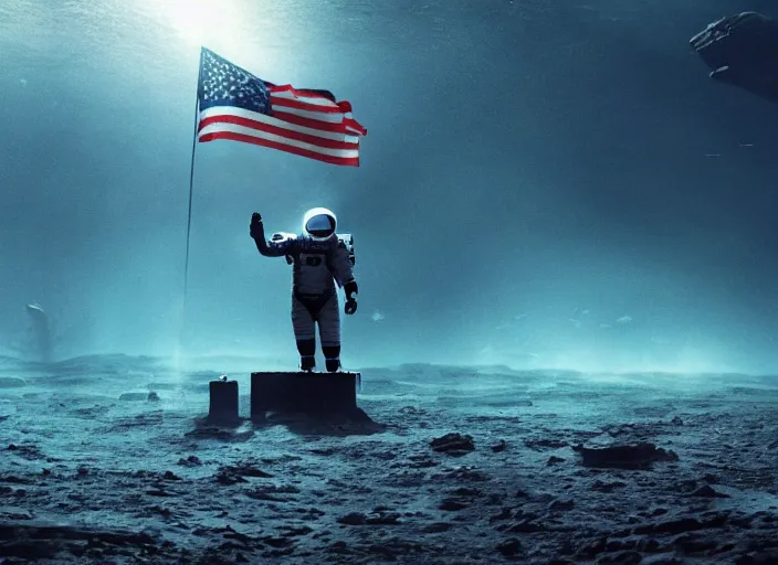 Image similar to astronaut holding a flag in an underwater desert. a submarine is visible in the distance. dark, concept art, cinematic, dramatic, atmospheric, 8 k, trending on artstation, blue, fish, low visibility, fog, ocean floor, christopher nolan, interstellar