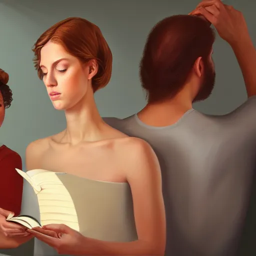 Image similar to hyperrealistic painting of a beautiful young woman holding a book while a woman and three men peep into the book from behind, detailed digital art, trending on artstation,