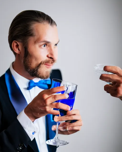 Prompt: photography of a fancy elegant gentleman eating a toast with blue liquid spread over it,