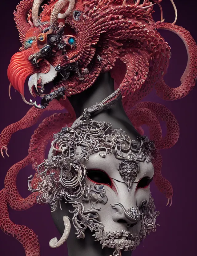 Image similar to 3 d goddess of hell close - up profile portrait with ram skull. beautiful intricately detailed japanese crow kitsune mask and clasical japanese kimono. betta fish, jellyfish phoenix, bio luminescent, plasma, ice, water, wind, creature, artwork by tooth wu and wlop and beeple and greg rutkowski