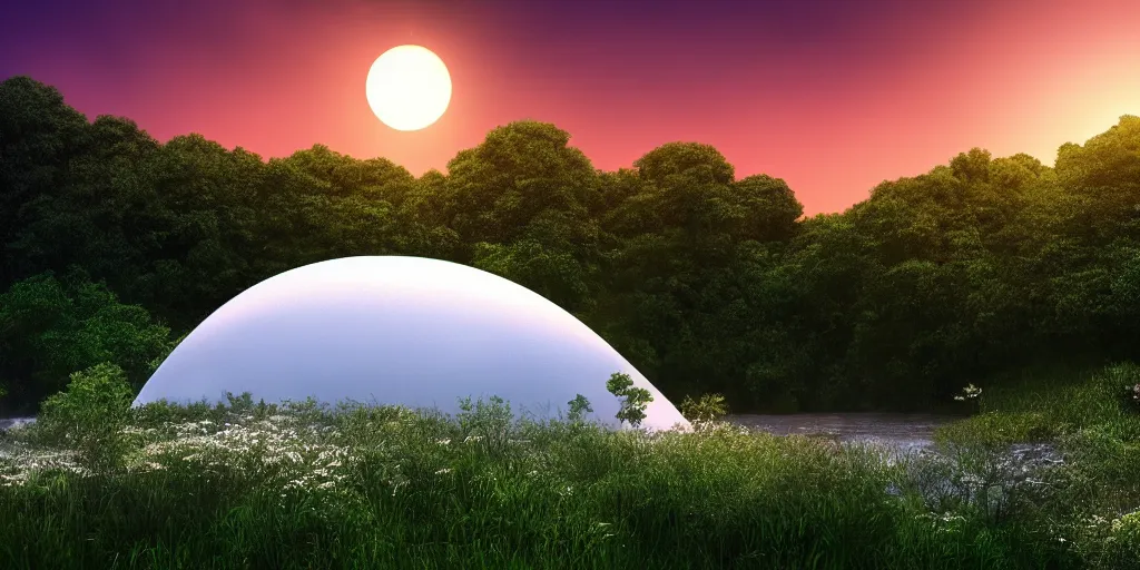 Image similar to round white dome on a hillside, by a river and fields, dreamy, sunset, volumetric lighting, Studio Ghibli