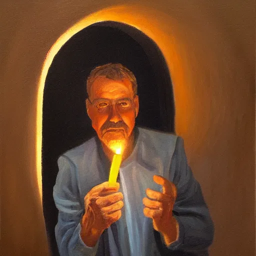 Image similar to a man holding a light at the end of a tunnel, oil painting