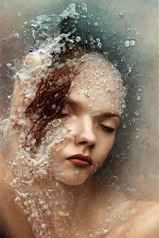 Prompt: a beautiful portrait of a woman submerged in milk only face visible, bathtub, award winning photography, karol bak, rutkowski