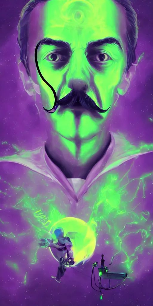 Prompt: a wizard with a salvador dali moustache in space, purple and green colors, digital painting, volumetric lighting, 8k, artstation