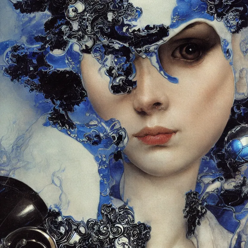 Image similar to a dark baroque close - up portrait of an ornate blue and white porcelain being made out of white sci - fi vitrified translucent ceramic ; china. reflective detailed textures. gloomy black background. highly detailed fantasy science fiction painting by moebius, norman rockwell, frank frazetta, and syd mead. rich colors, high contrast. artstation