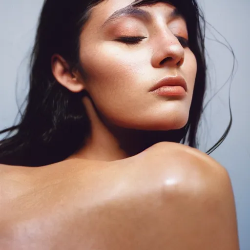 Image similar to Portrait photo of a beautiful supermodel posed in profile, beautiful bone structure, long dark hair, olive skin, eyes closed, natural makeup, studio lighting, highly detailed, cinestill 800t