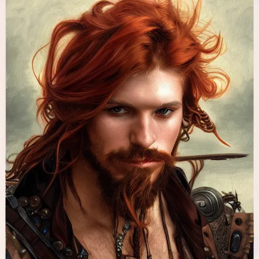 Image similar to portrait of a young rugged steampunk pirate, male, handsome, masculine, full body, red hair, long hair, soft hair, d & d, fantasy, intricate, elegant, highly detailed, steampunk, airship, digital painting, artstation, concept art, matte, sharp focus, illustration, art by artgerm and greg rutkowski and alphonse mucha