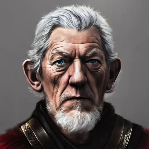 Prompt: Digital painting of Ian McKellen as Odin, with an eyepatch, a raven on this shouder, hyperdetailed, artstation, cgsociety, 8k