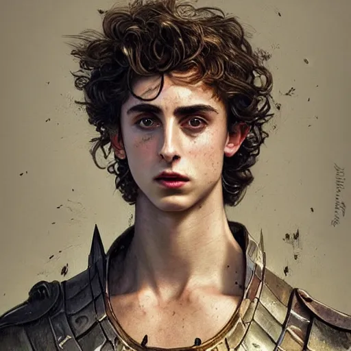 Image similar to Portrait of Timothée Chalamet as a bruised knight, fantasy, intricate, headshot, highly detailed, digital painting, artstation, concept art, sharp focus, cinematic lighting, illustration, art by artgerm and greg rutkowski, alphonse mucha, cgsociety