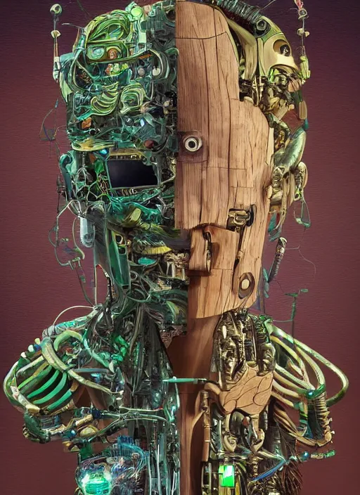 Prompt: a hyper - detailed fine painting of a synthetic humanoid cyborg hybrid half cybernetic and half made of plants and wood, concept art magical highlight, full color tribal and technologic art, variations and fulcolor futuristic