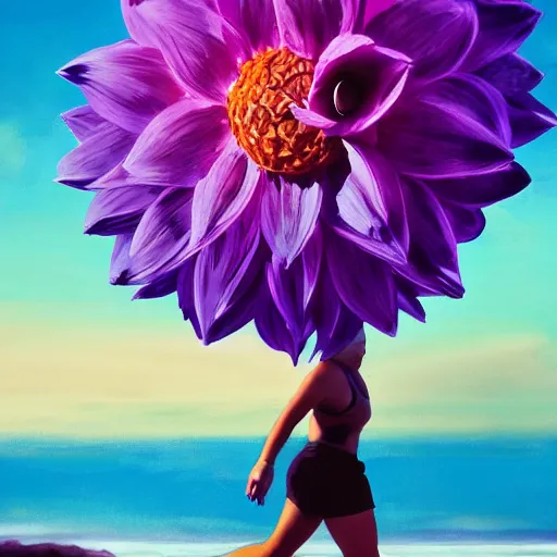 Prompt: portrait, giant purple dahlia flower head, woman running at the beach, surreal photography, sunrise, blue sky, dramatic light, impressionist painting, digital painting, artstation, simon stalenhag