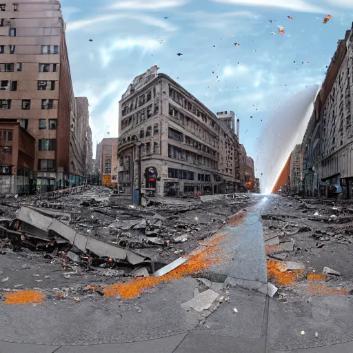 Prompt: wide panoramic view of a street being shattered by a horizontal shockwave tearing through the middle of each building