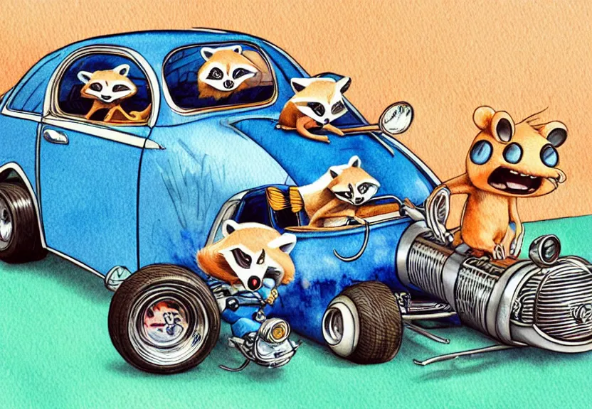 Image similar to cute and funny, racoon riding in a tiny hot rod coupe with oversized engine, ratfink style by ed roth, centered award winning watercolor pen illustration, isometric illustration by chihiro iwasaki, edited by range murata