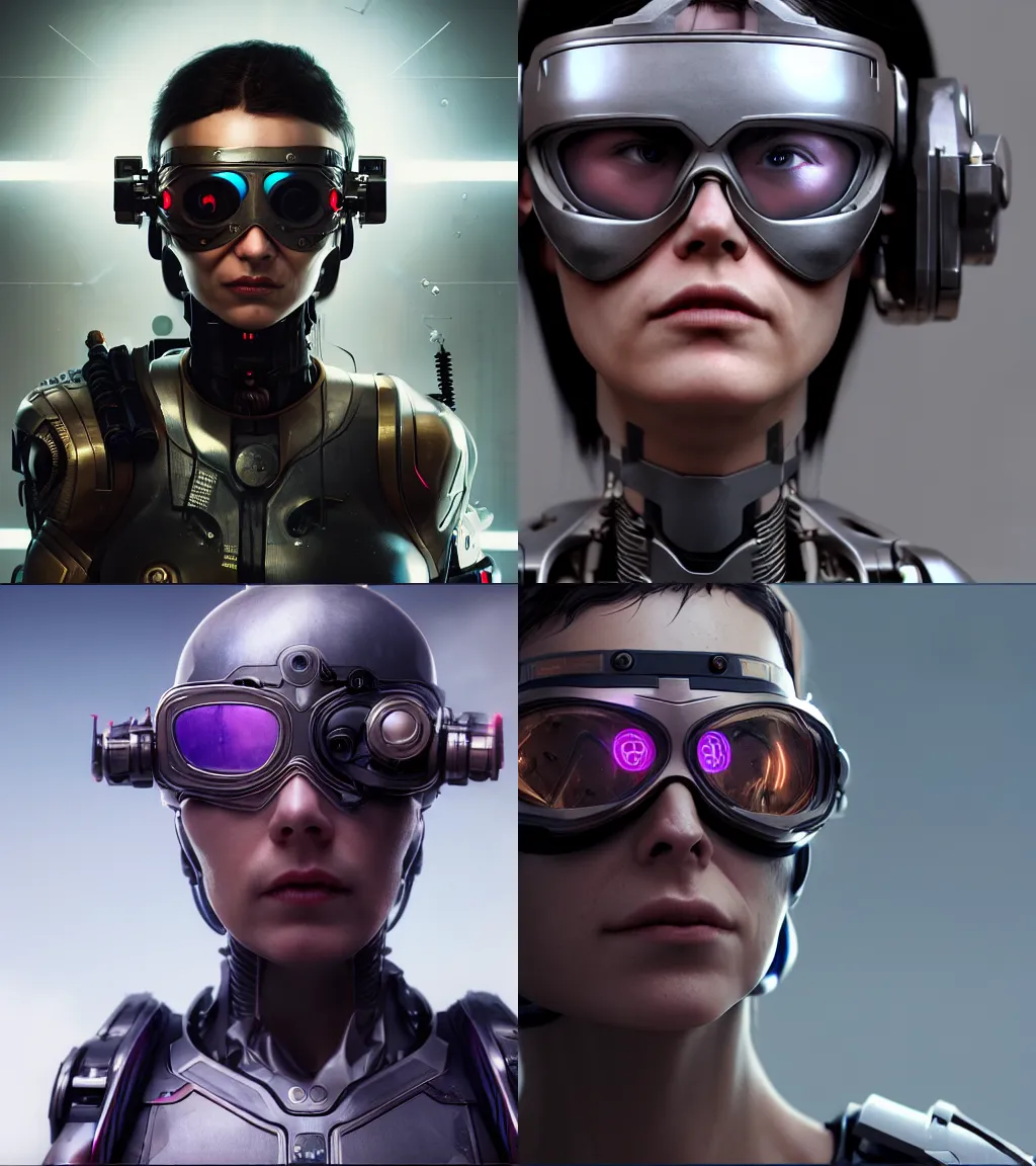 Prompt: female cyborg warrior wearing goggles headshot, holy, cyberpunk, Wadim Kashin, Mark Brooks and Brad Kunkle, featured in artstation, octane render, cinematic, elegant, intricate, 8k