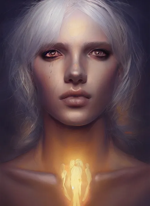 Image similar to girl with unkempt gold and silver hair, beautiful highly detailed face, complementary lighting, backlit, eyeshadow, divine, beautiful painting by artgerm and greg rutkowski and raymond swanland