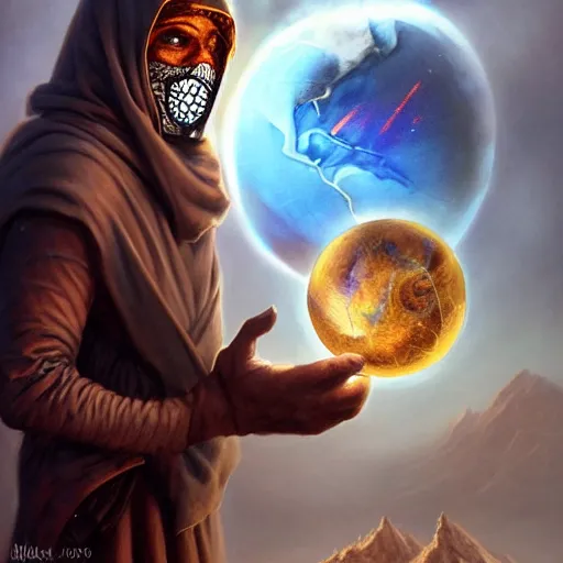 Image similar to masked nomad male wearing a cloak on an alien world and holding a holographic planet projection in his hand, detailed, sci - fi, digital painting, artstation, sharp focus, illustration, ominous, artgerm, tomasz alen kopera, peter mohrbacher, donato giancola, joseph christian leyendecker, wlop, frank frazetta