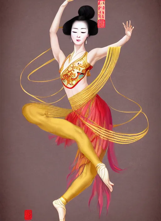 Image similar to full body portrait of a dancer doing chinese ribbon dance, feet, barefoot, full body, vivacious, extremely beautiful, gold jewelry, hanfu, ribbon dance, aerial silk, large flying ribbons, ming dynasty, detailed, realistic face, anatomically accurate, fantasy art, wlop.