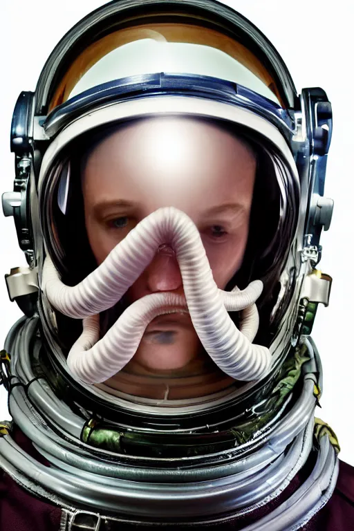 Image similar to extremely detailed studio portrait of space astronaut, alien tentacle protruding from eyes and mouth, slimy tentacle breaking through helmet visor, shattered visor, full body, soft light, disturbing, shocking realization, award winning photo by lisa kristine